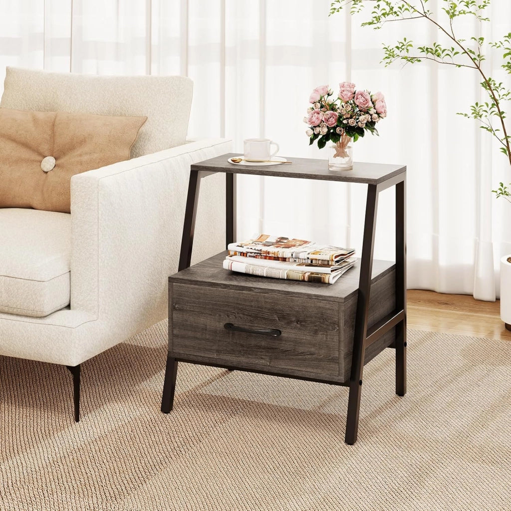 Comodino con cassetto, tavolino con ripiano aperto, comodino con telaio in metallo, per divano, camera da letto, soggiorno, 45 x 35 x 52,5 cm