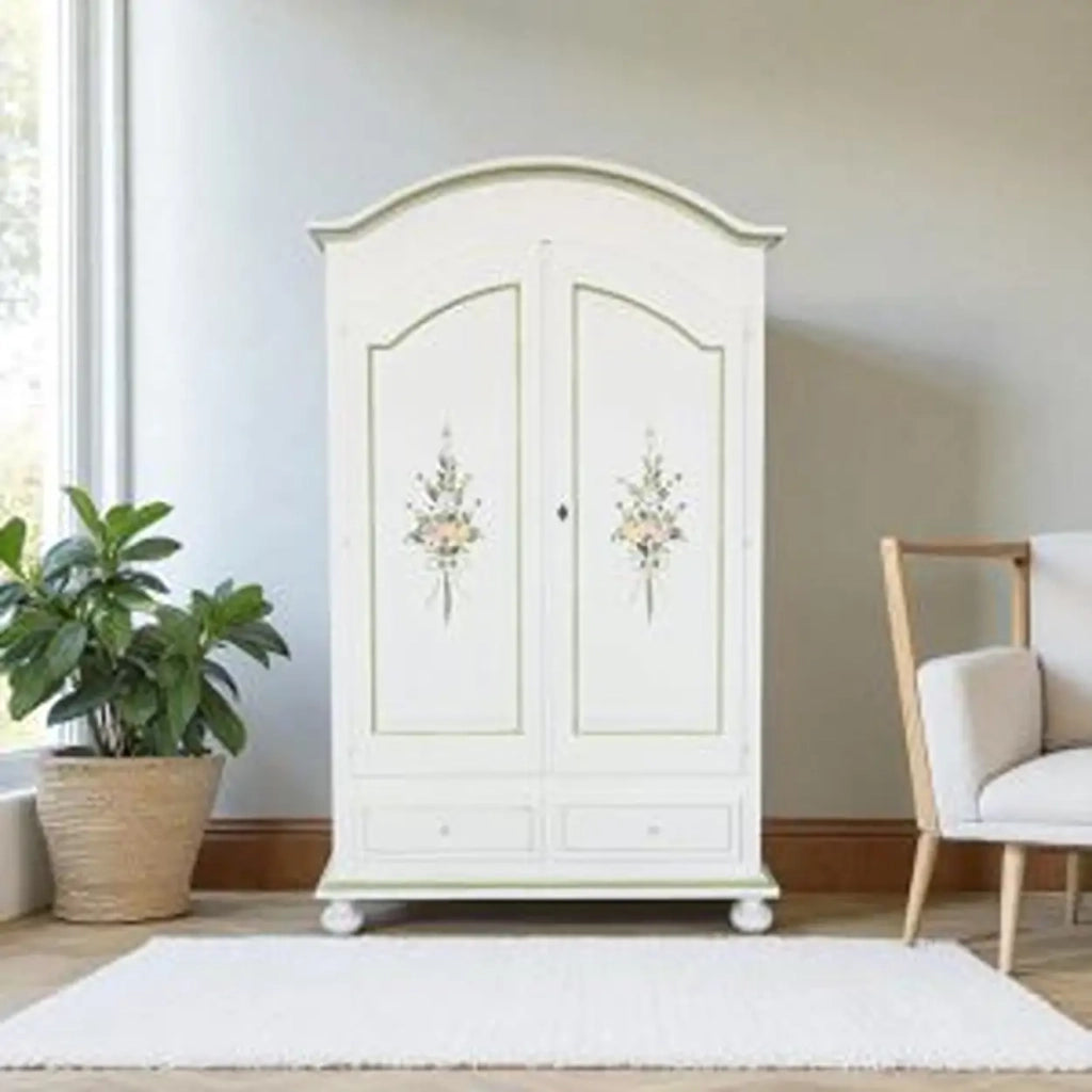 Armadio in legno Shabby chic mod cipolla bianco opaco decorato a amno filo verde