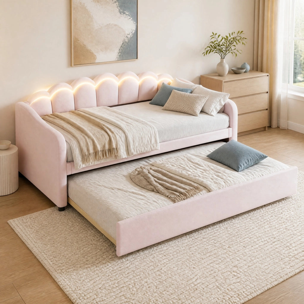 Divano letto estraibile 90x200 cm con luce ambientale e struttura in velluto