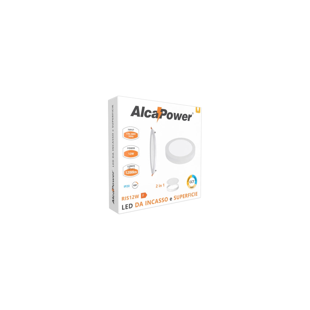 Alcapower Pannello LED Rotondo 12W 1200lm CCT Selezionabile 3000K/4000K/6000K Installazione Incasso o Superficie Diametro 170mm Classe II IP20