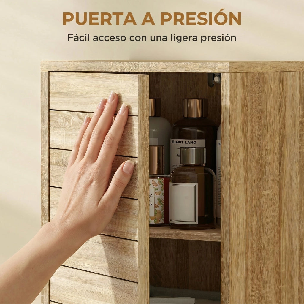 Mobiletto Bagno con Ante a Listelli e Ripiani Regolabili ¨C Zephmum ¨C Naturale 34x23x84 cm