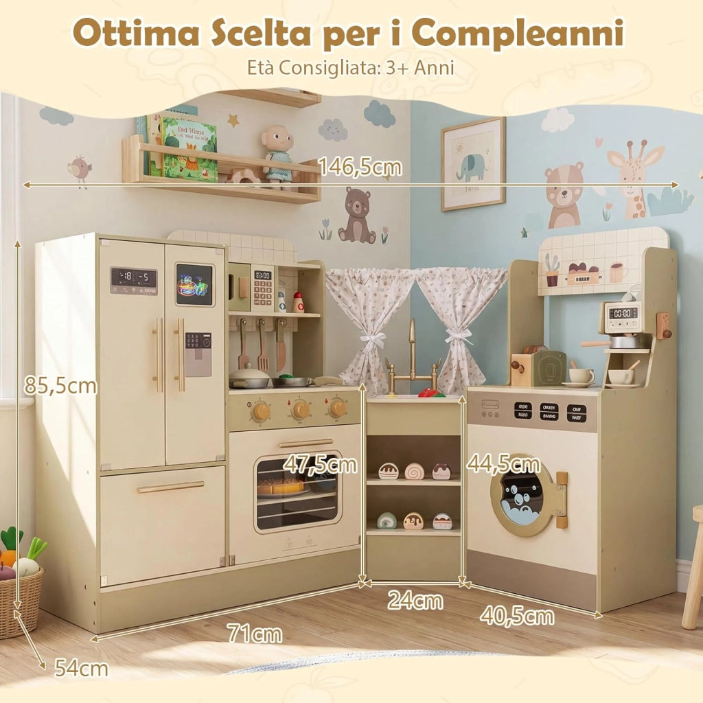 Cucina Giocattolo d'Angolo per Bambini, Cucina Gioco in Legno con Forno, Tostapane, Macchina del Caffè, Frigorifero e 21 Accessori, Gioco Educativo per Bambini 3+ Anni, 146,5 x 54 x 85,5 cm
