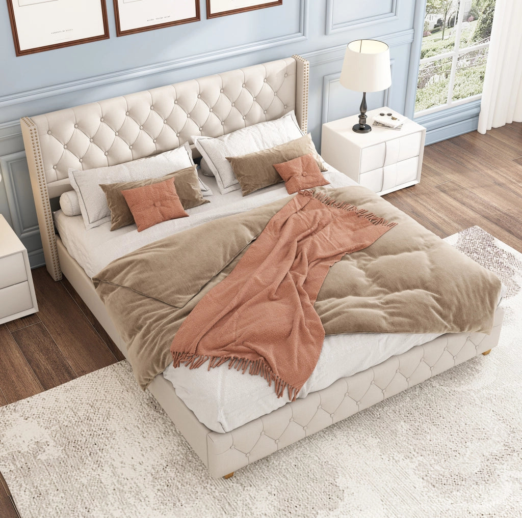 Letto matrimoniale imbottito 160x200 cm in lino beige con testiera decorata
