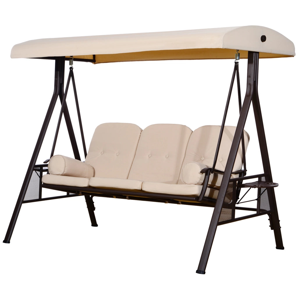 Dondolo 3 Posti con Tetto Regolabile, Portabicchieri e Cuscini, in Metallo e Poliestere, 208x121x172 cm, Beige