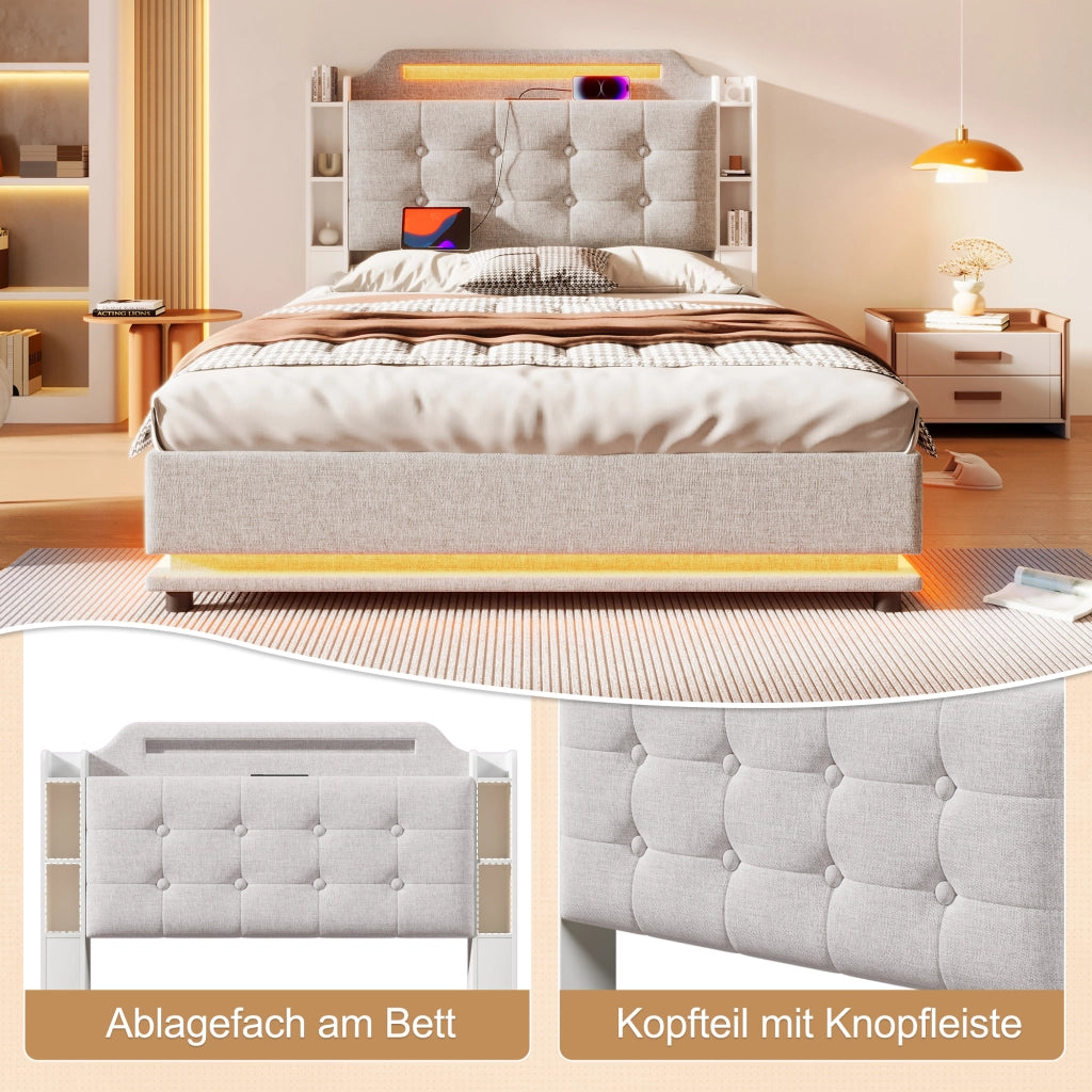 DESMIU Letto Contenitore 140 × 200 cm 2 Posti con LED, USB, Tipo C e Ripiani, Senza Materasso, Lino Beige