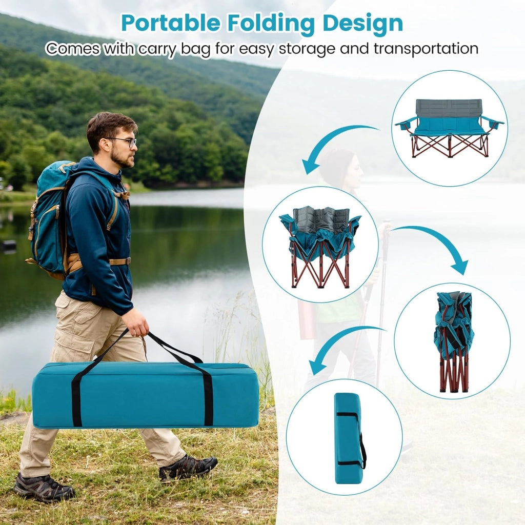 Sedia da campeggio pieghevole a 3 posti, con braccioli regolabili, portabicchieri e borsa per il trasporto, sedia da campeggio per esterni, giardino e balcone, portata fino a 408 kg (blu +