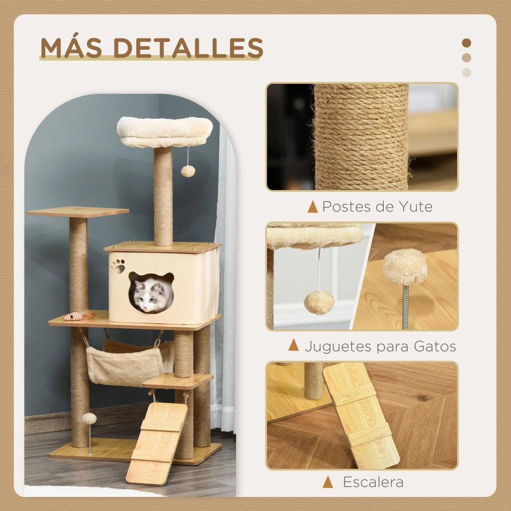 Albero tiragraffi per gatti con piattaforme, amaca e tana ¨C zephmum ¨C beige 130 cm