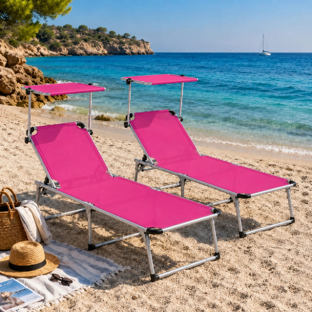 Prendisole Coppia Di Lettini Pieghevole Tettuccio Parasole Schienale Reclinabile Regolabile 6 Posizioni Struttura In Alluminio Sedia Sdraio Spiaggia Mare Giardino Piscina 187 x 59 x 29 Cm Rosa