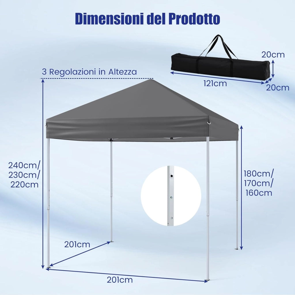 Gazebo Pop-up da Esterno 2 x 2 m, Gazebo Regolabile in Altezza con Borsa da Trasporto, 8 Picchetti e 4 Corde Antivento, Tenda Pieghevole Portatile per Giardino (Grigio)