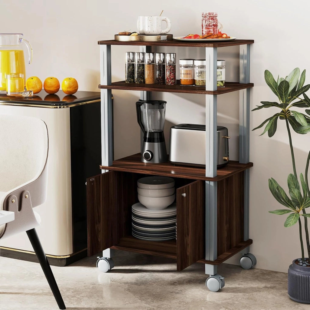 Carrello da Cucina a 3 Livelli per Microonde, Carrello Portaoggetti con Ruote e Armadio con Porta, Carrello di Servizio in Legno, Organizer per Sala da Pranzo, 60 x 40 x 98 cm (Marrone)