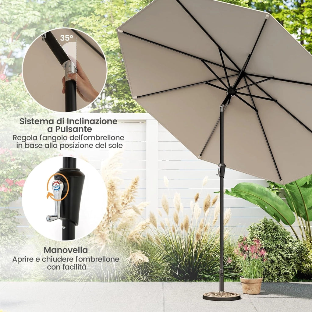 Ombrellone da Giardino 270 cm, Ombrellone da Esterno con Inclinazione Regolabile, Manovella, 8 Stecche, Tettuccio Ventilato, per Spiaggia, Bordo Piscina (Beige, 270 cm 8 Stecche)