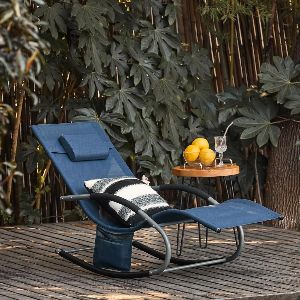 Set di 2 sedie a dondolo da esterno Poltrone sedie sdraio da giardino con cuscino e poggiatesta portata fino a 150 kg Blu Navy OGS28-NBX2