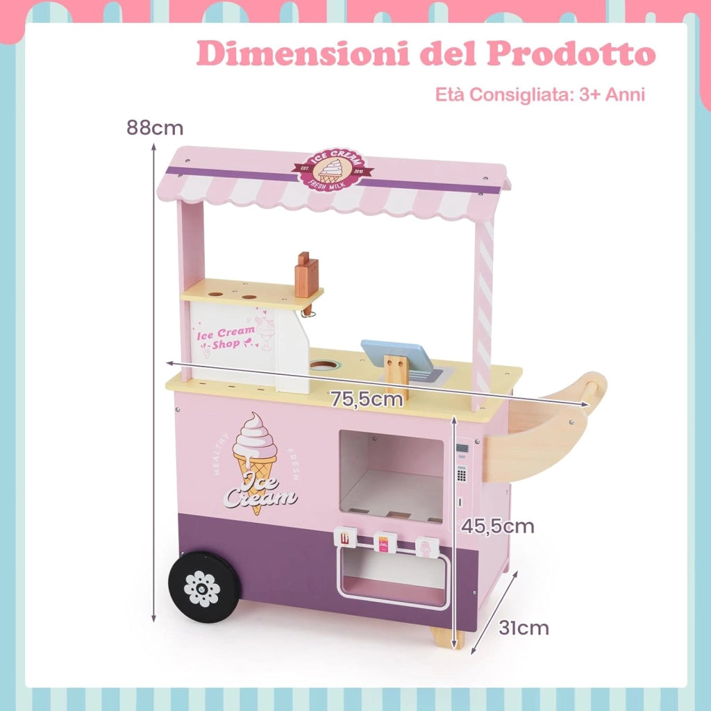 Gelateria Giocattolo per Bambini con Gelatiera, Carrelo dei Gelati in Legno con Ruote e Maniglia, Negozio di Gelati Giocattolo con Cassa e 15 Accessori, per Bambini di 3 + Anni (Rosa)
