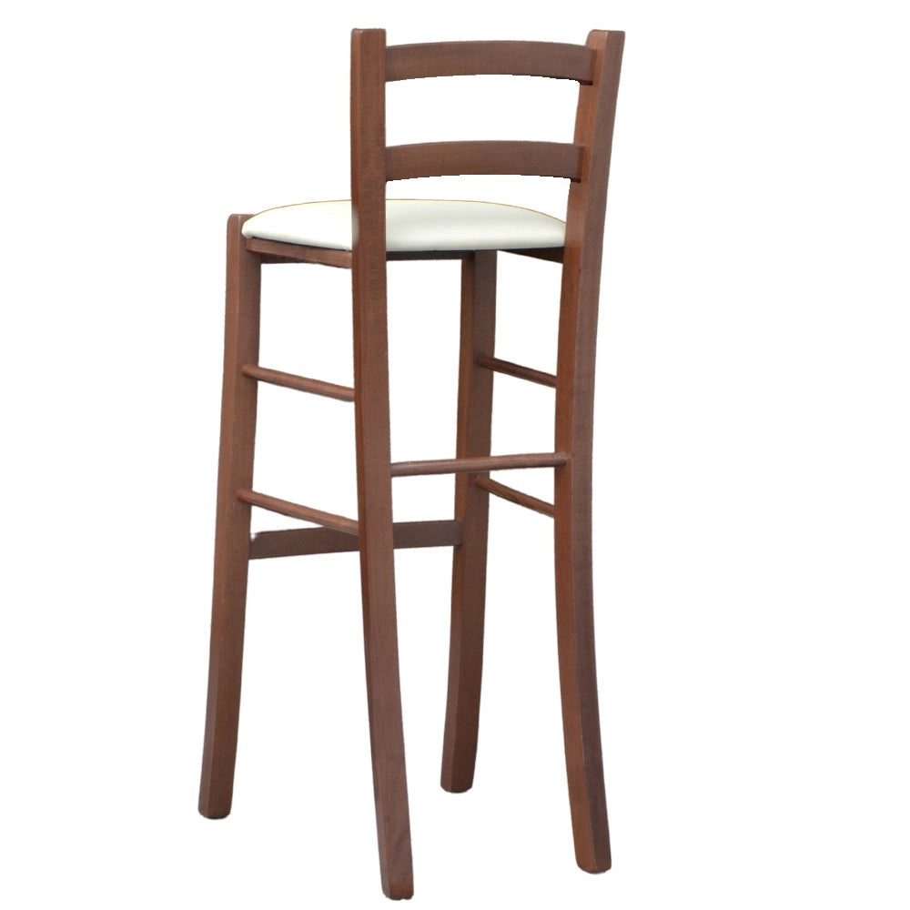 Sgabello alto 80 cm in legno noce scuro con schienale seduta in similpelle beige