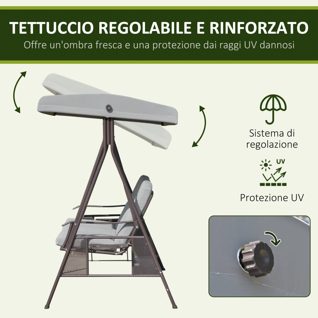 Dondolo da Giardino 3 Posti 208x121x172 cm con Tetto Regolabile Portabicchieri e Cuscini in Metallo e Tessuto Grigio