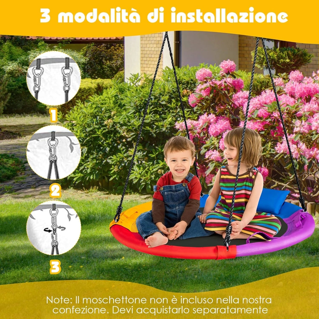 Altalena a Nido per Bambini, Altalena Rotonda con Corde Regolabili in Altezza, Cuscino e Maniglia, Ideale per Cortile e Giardino, Capacità di Carico 150 kg