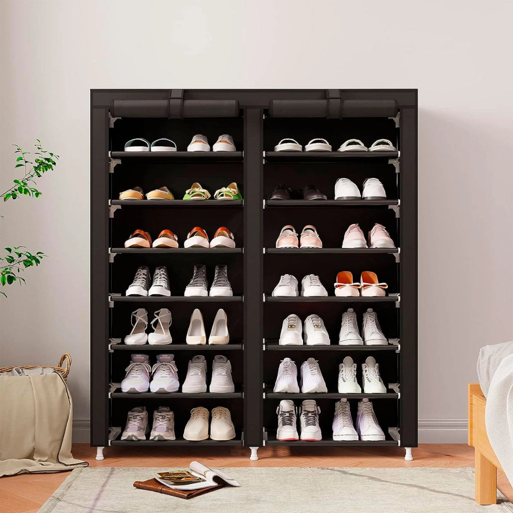 Scarpiera Tessuto per Scarpe con 2 Ante con Cerniera 125x92x28,5cm, 28 paia. Nero