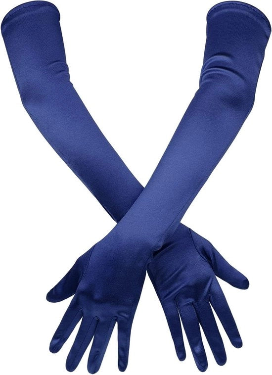Manopole a mano lunga in satin 53cm per donne in blu scuro - eleganti e flessibili - evento di gala serale