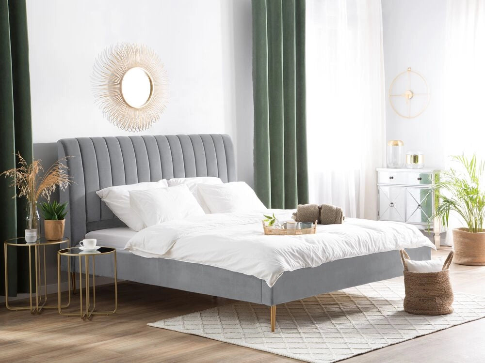 Letto imbottito velluto grigio e oro rete a doghe testiera alta 160 x 200 cm testata alta design retrò