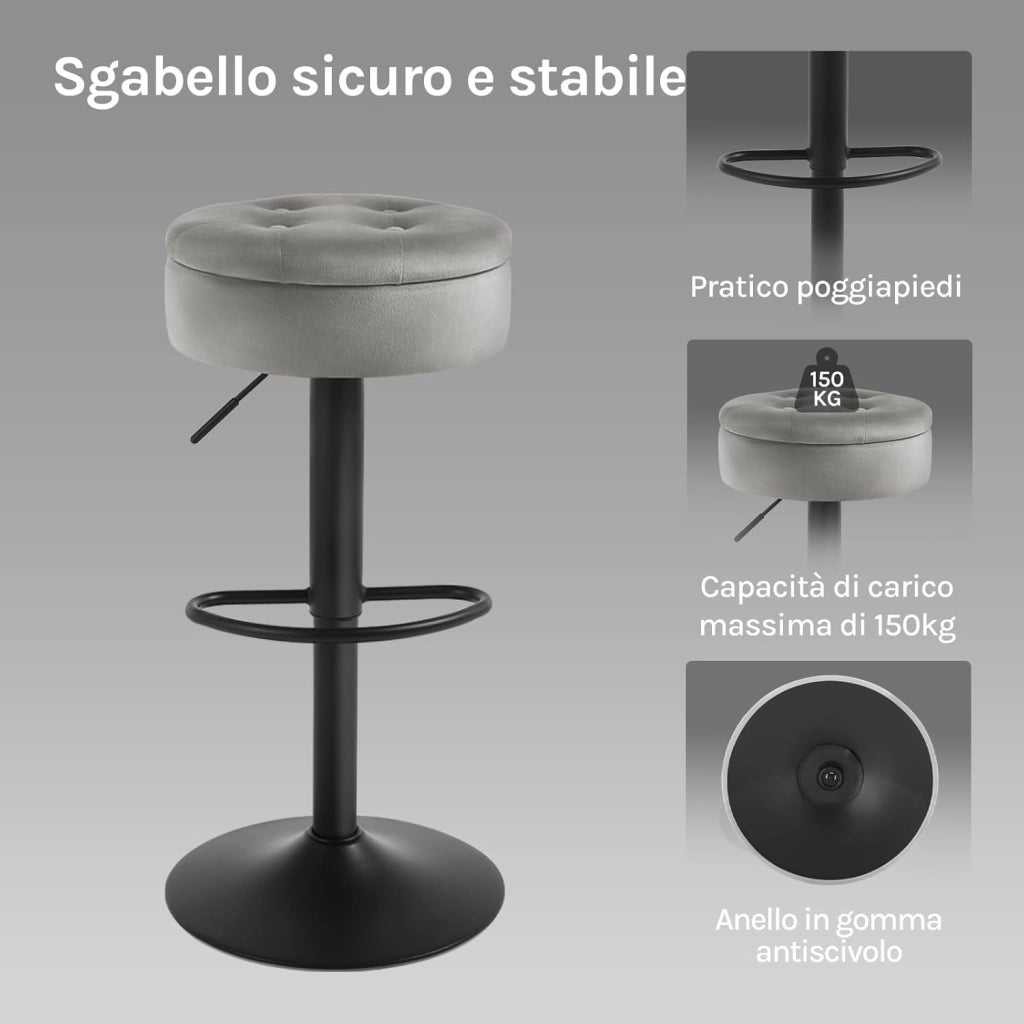 Set di 4 Sgabelli da Cucina, Sgabelli da Bar Alti con Spazio Contenitivo, Sedia Regolabili in Altezza e Girevoli a 360°, per Cucina Sala da Pranzo Bar Bancone, Velluto, Metallo, Grigio Chiaro