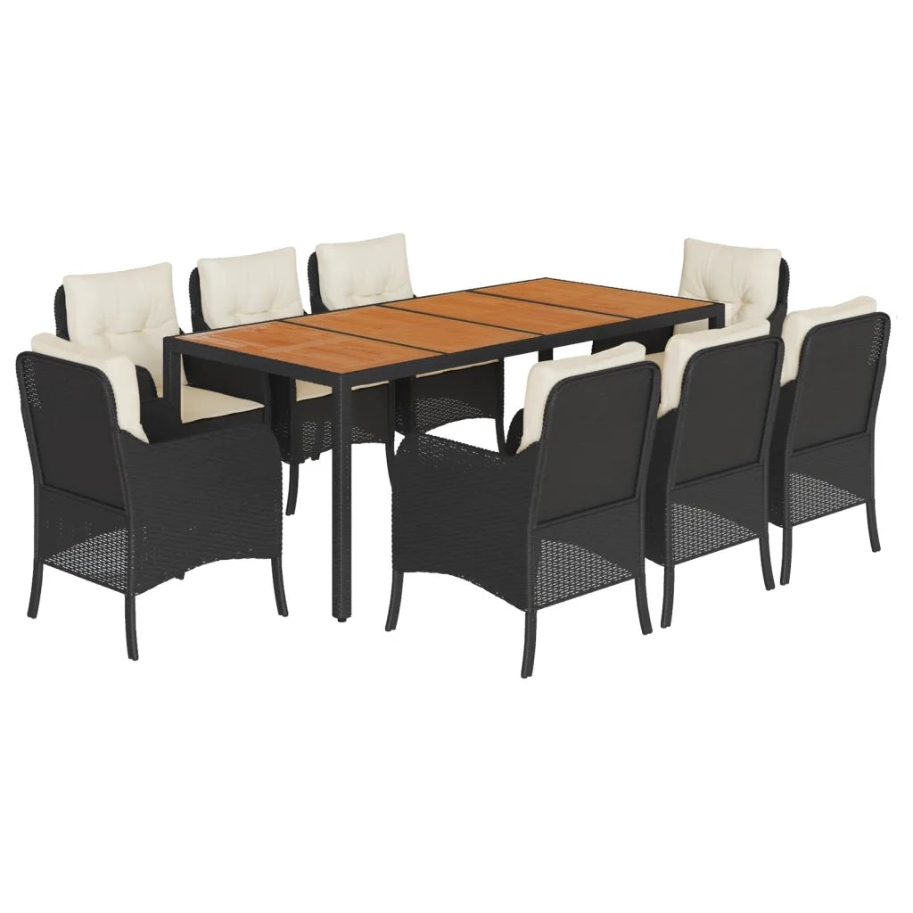Set da Pranzo da Giardino 9 pz con Cuscini Nero in Polyrattan