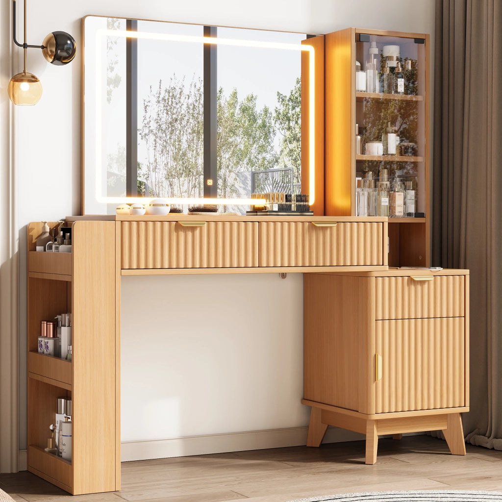 Toeletta con specchio LED, prese elettriche USB e USB-C, 3 cassetti e vani laterali, 133x136x40 cm, Natural