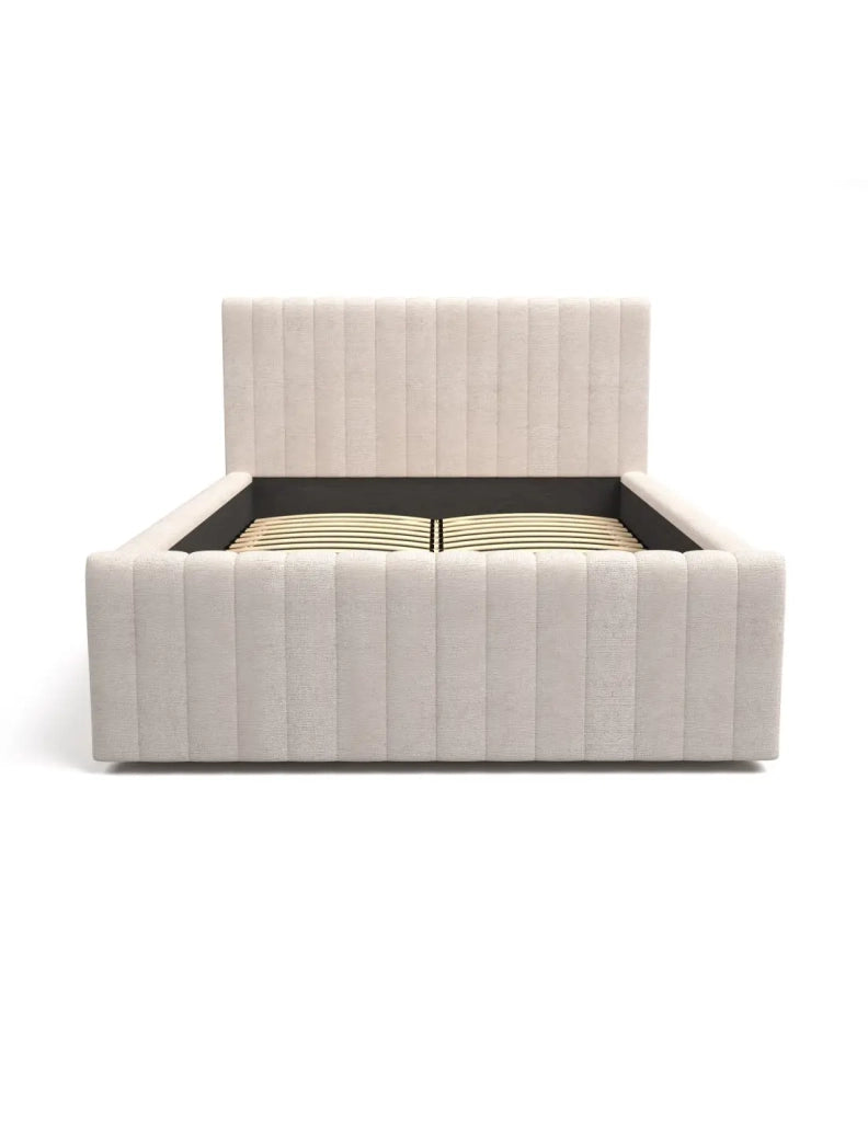 Letto contenitore ELORIA 160x200 in tessuto bouclé beige con testiera capitonnata e rete inclusa