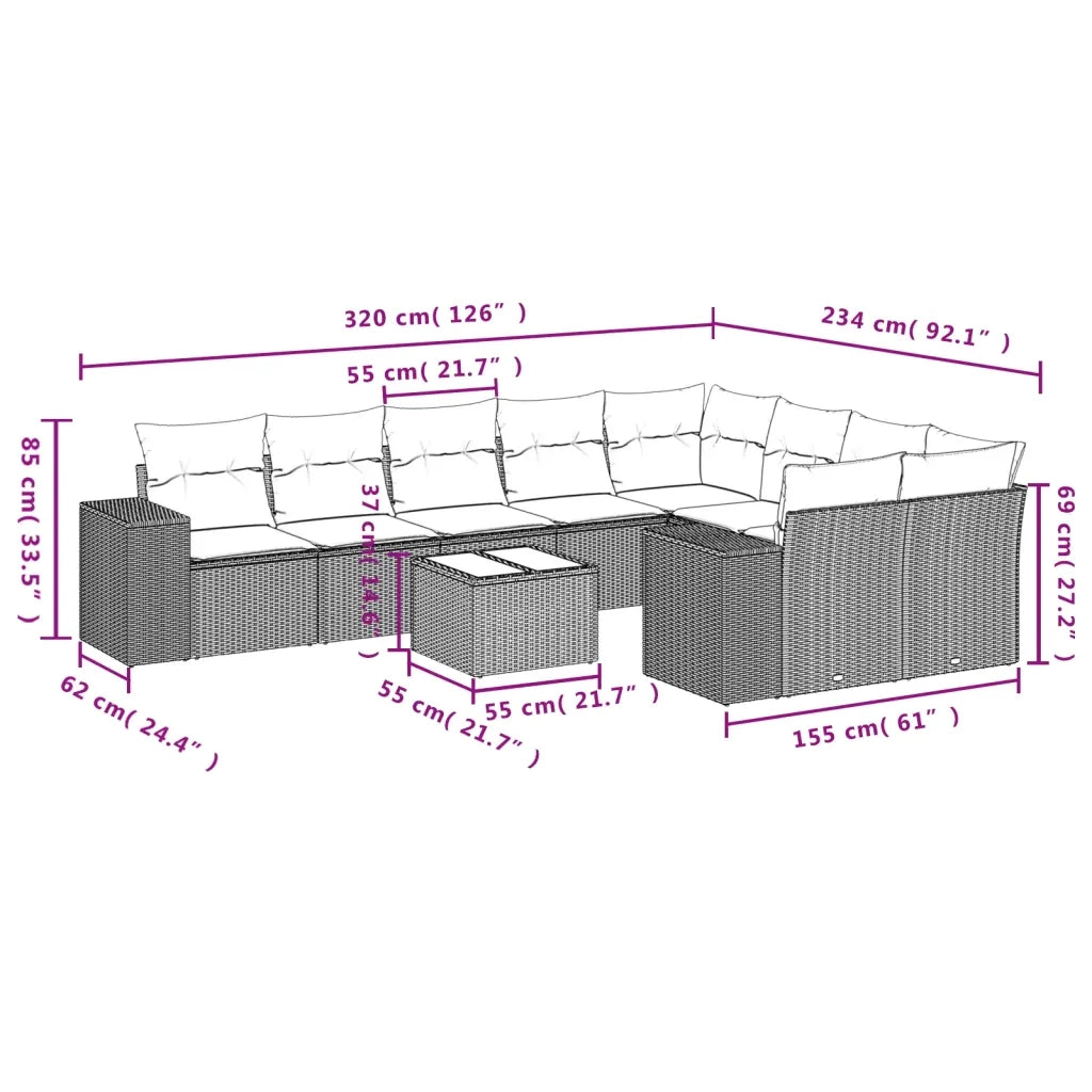 Set Divano da Giardino 10 pz con Cuscini Beige in Polyrattan 3223048