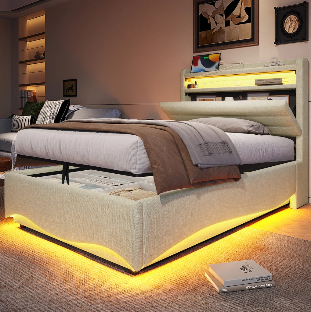 Letto imbottito 90x200 cm con contenitore idraulico; LED; USB e Type-C in lino beige