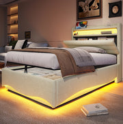 Letto imbottito 90x200 cm con contenitore idraulico; LED; USB e Type-C in lino beige
