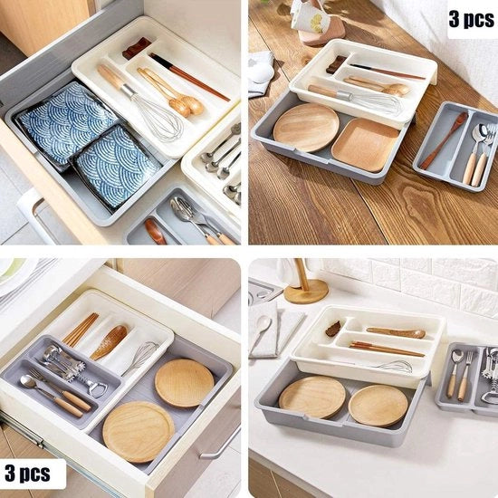 Organizzatore di Cucina Estendibile e Versatile - 7 Compartimenti - Oggetto di Utilizzo da Caricare in Ordine - 3 Combinazioni - Organizzatore di Cucina per Cucchiaini - Argento (125x93 pollici)