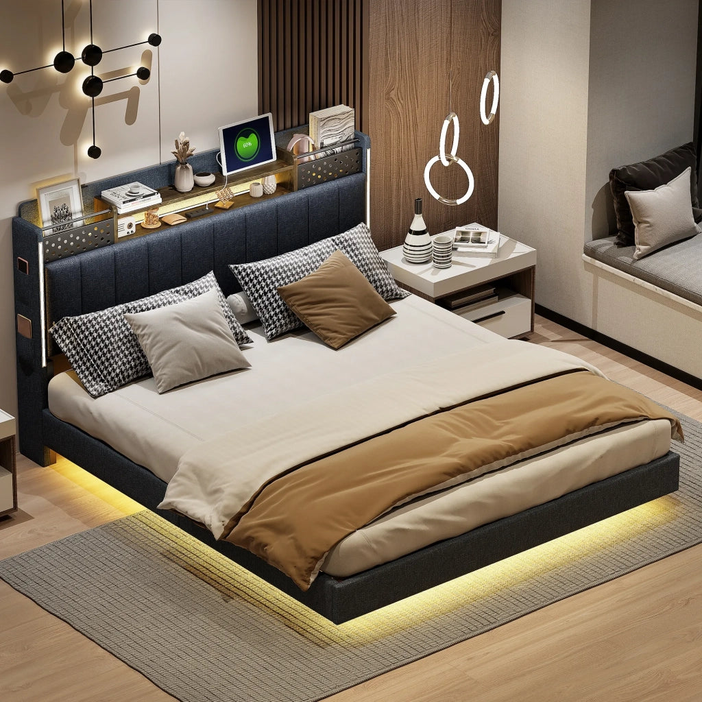 Letto matrimoniale imbottito 160x200 cm con LED; USB; testiera contenitore e rete; grigio