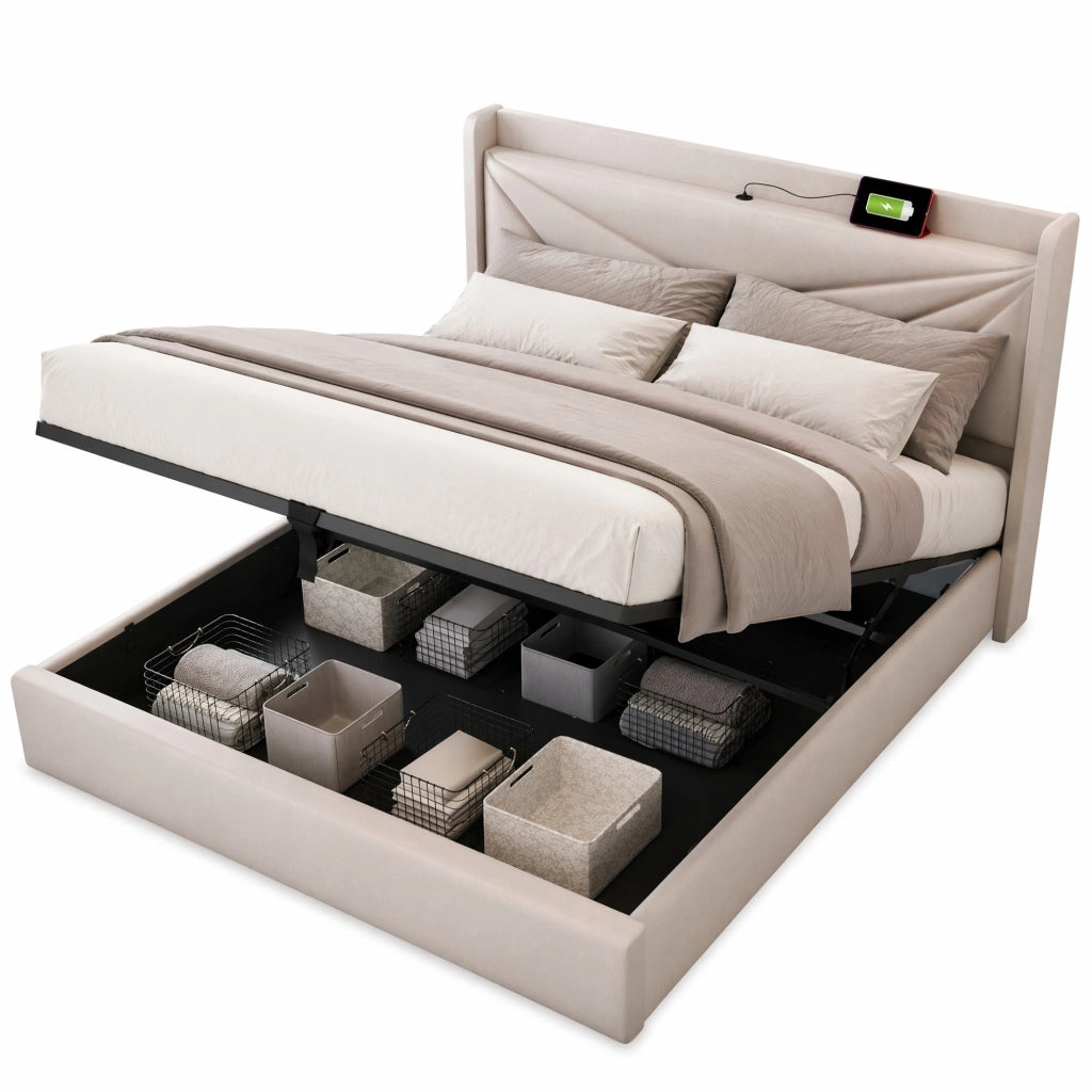 Letto matrimoniale con contenitore e testiera con USB e Tipo C 140x200 cm in cotone lino beige