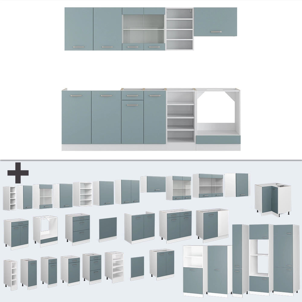 Cucina componibile R-Line Grigio-blu/Bianco 240 cm senza piano di lavoro Vicco