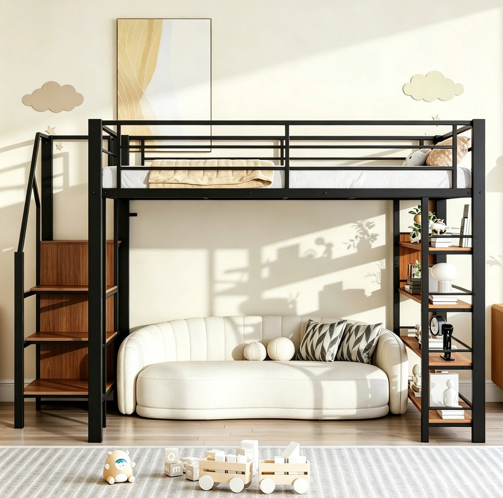 Letto a soppalco 140x200 cm con scala contenitore, nero
