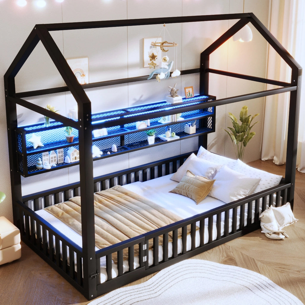 Letto Casetta 90x200 cm con Sponda; LED a 7 colori; Tetto; in Metallo; Nero