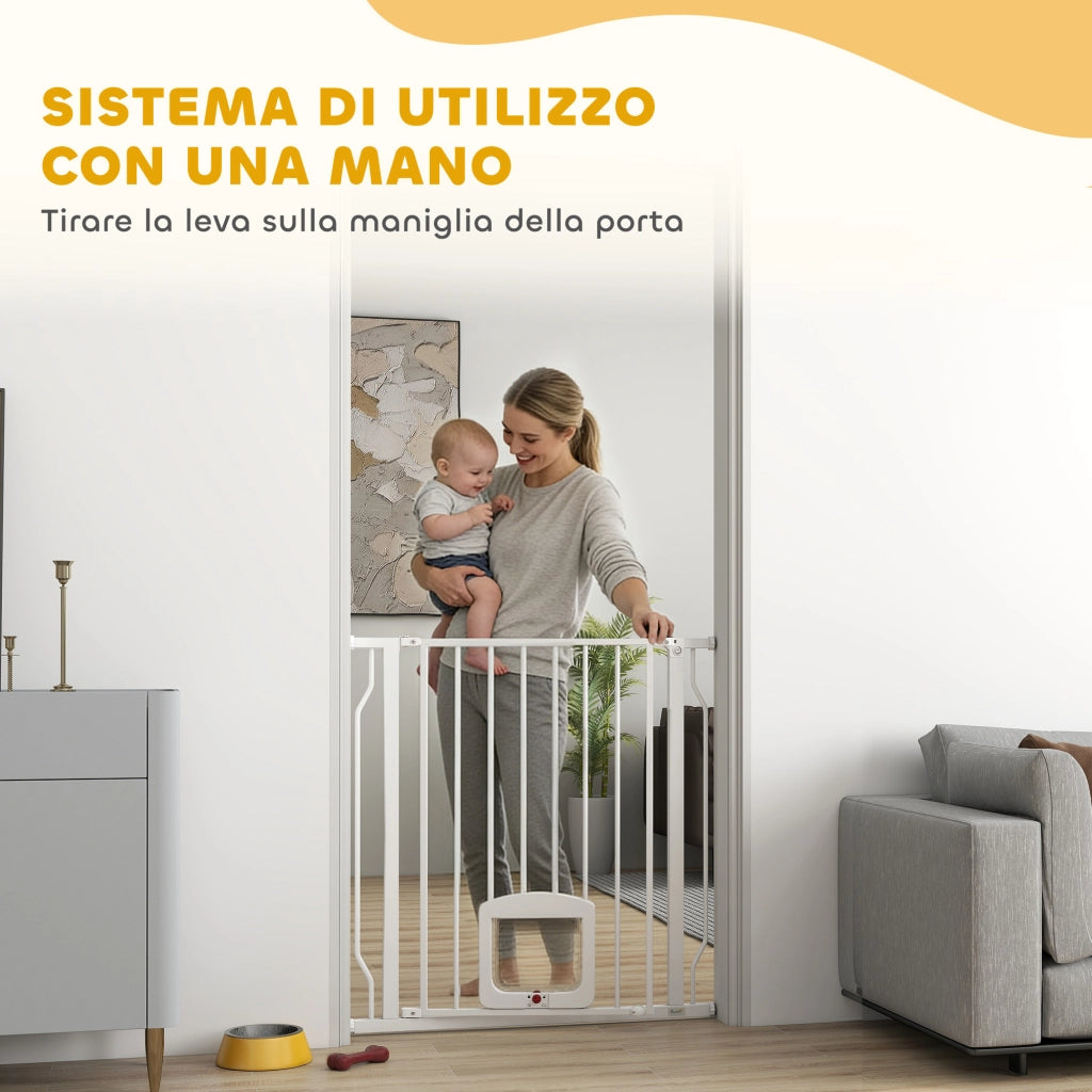 Cancello per Cani e Gatti Estensibile con Gattaiola Integrata, in Acciaio e ABS, 75-85x2x76 cm, Bianco