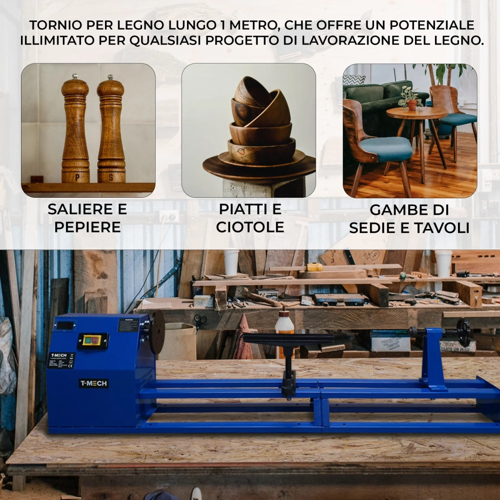Tornio per Legno T-Mech 400W con 6 Scalpelli e 4 Velocità Regolabili