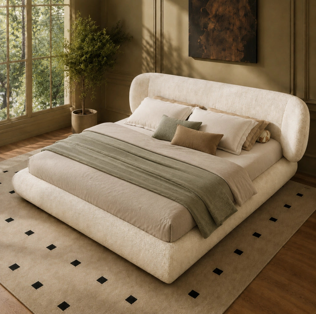 Letto matrimoniale imbottito 140 x 200 cm in ciniglia beige con rete a doghe