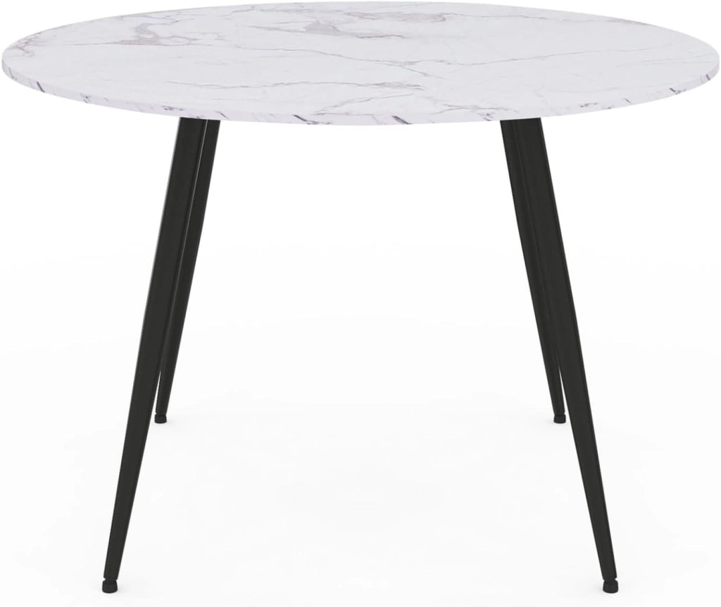 Tavolo da pranzo rotondo per 4 persone AMELIA con gambe in metallo nero effetto marmo bianco ALASKA 110 cm