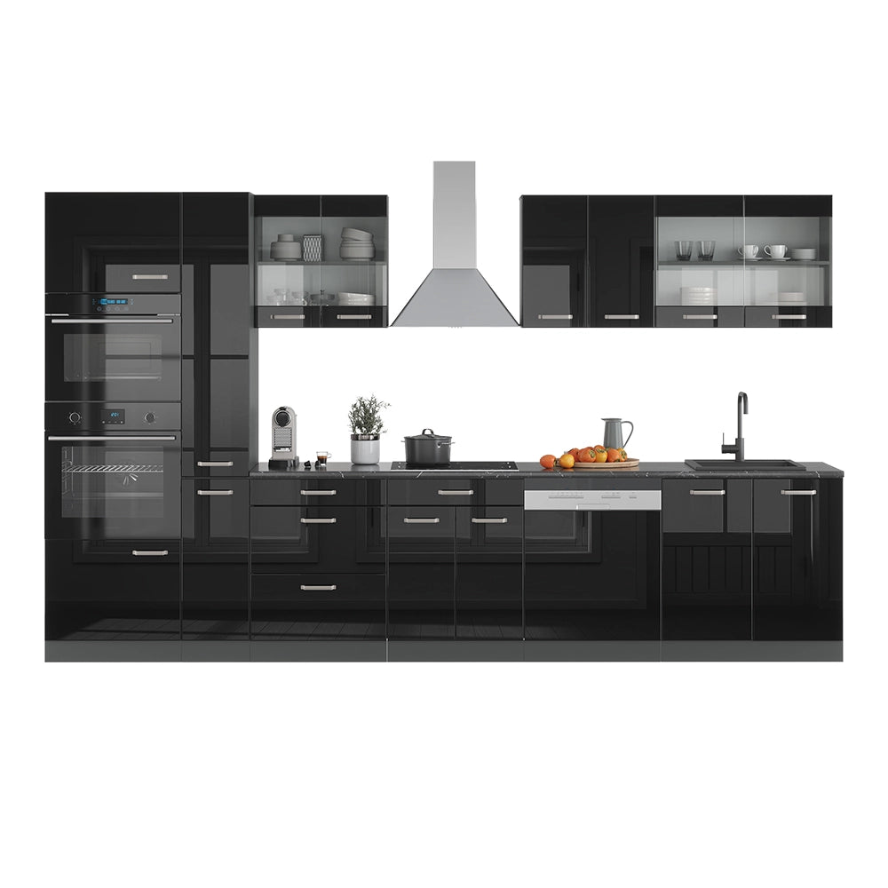 Vicco Mobile da cucina Nero lucido 350 cm con armadio alto, PL Marmo