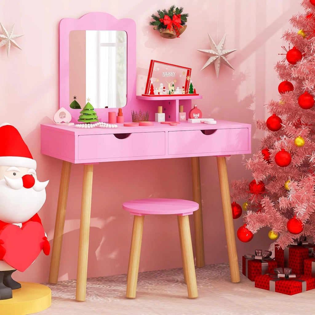 2 in 1 Set Toeletta per Bambini, Postazione Trucco in Legno con Sgabello, Specchio Rettangolare Staccabile e 2 Cassetti Capienti, Ideale per Bambini dai 3 ai 7 Anni (Rosa Scuro)