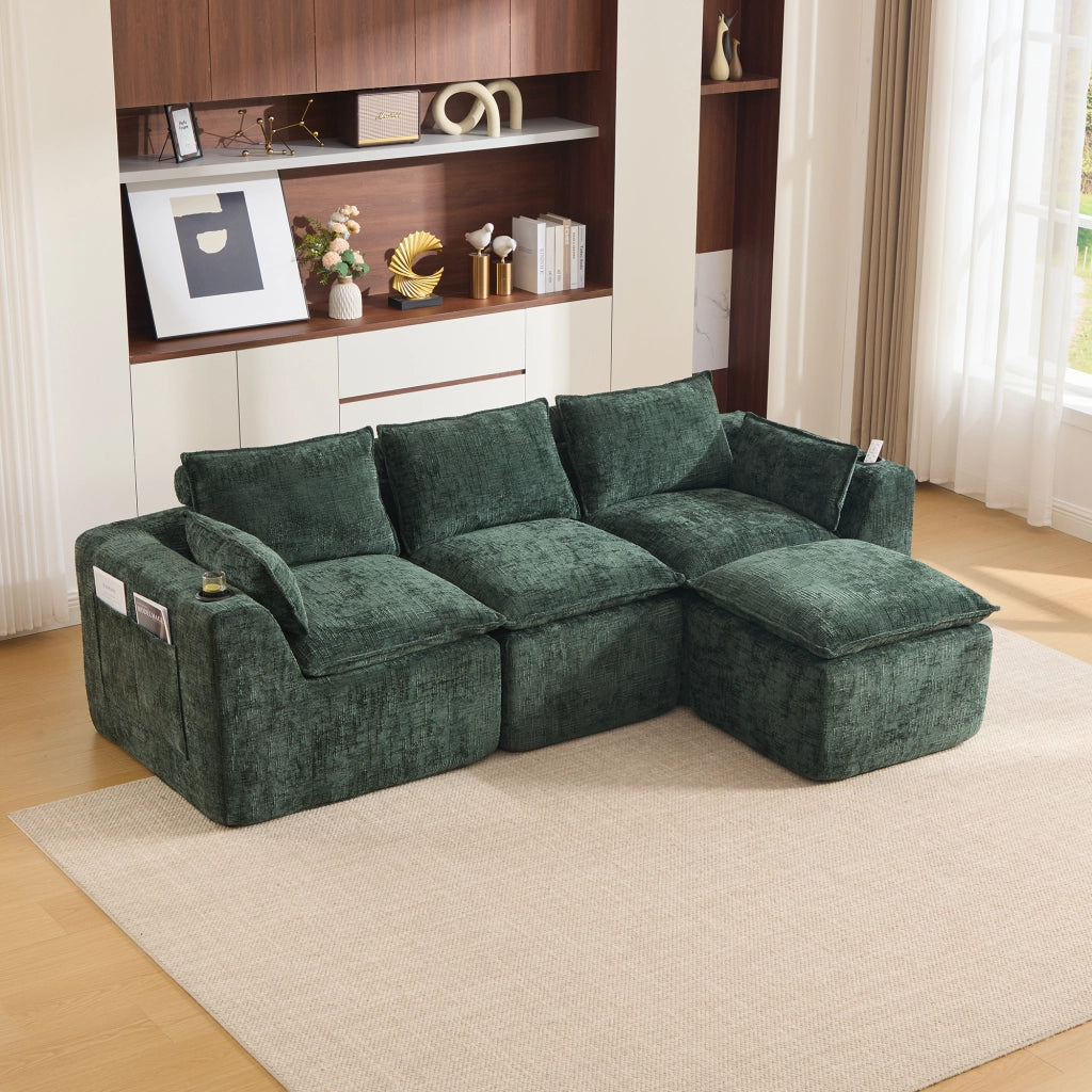 Divano modulare 3 posti con pouf tasche laterali e cuscini imbottitura in schiuma e molle insacchettate ciniglia verde