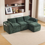 Divano modulare 3 posti con pouf tasche laterali e cuscini imbottitura in schiuma e molle insacchettate ciniglia verde