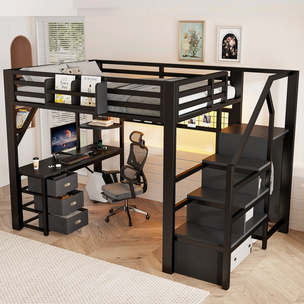 Letto a soppalco in metallo 140x200 cm con scrivania; 3 cassetti; mensole; armadio/guardaroba e LED; nero