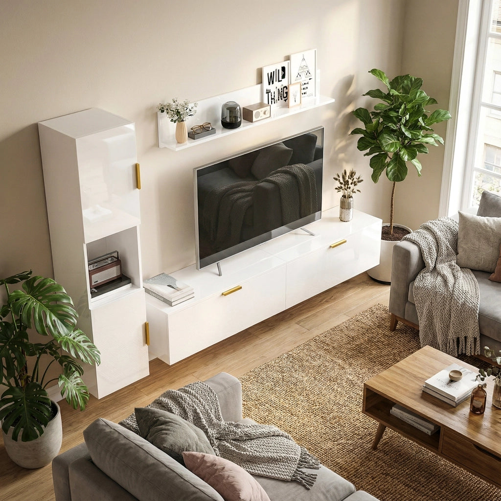Mobile TV Parete Sospeso con Ante a Ribalta ¨C Zephmum ¨C Bianco Lucido 180x30x40 cm