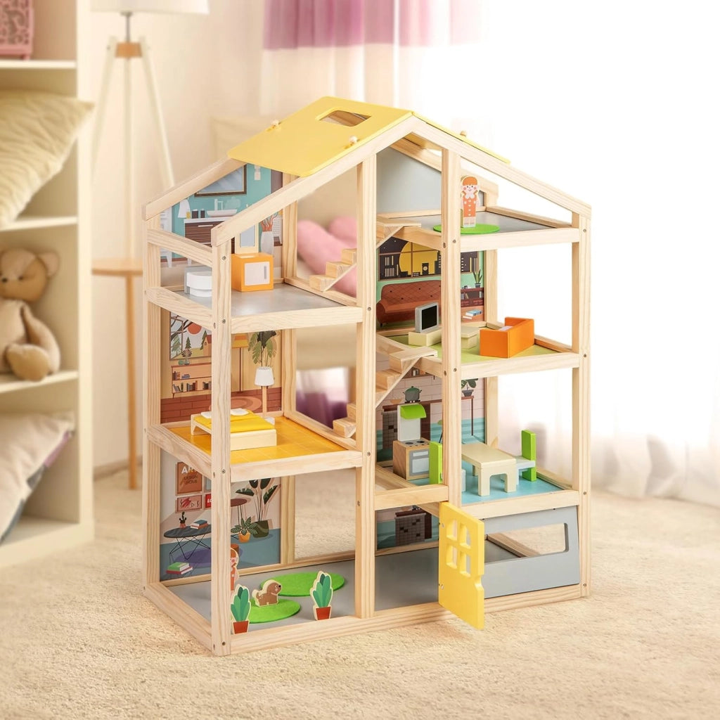 Casa delle Bambole in Legno, Casa Bambole con 4 Piani, 7 Stanze, Garage e Scale, Casetta Giocattolo Educativo con 18 Mobili Accessori e 3 Figure, per Bambini 3+ Anni, 60 x 30 x 75 cm