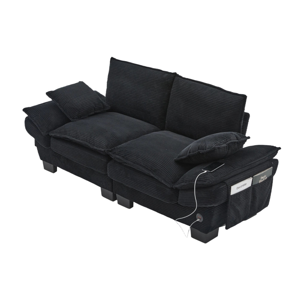 Divano 2 posti 190x73x84 cm nero in velluto a coste - USB-C e tasche laterali