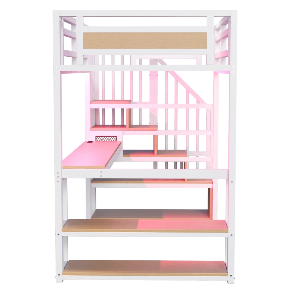 Letto a soppalco in metallo 90x200 cm con scrivania; scaffali e scala contenitore; bianco