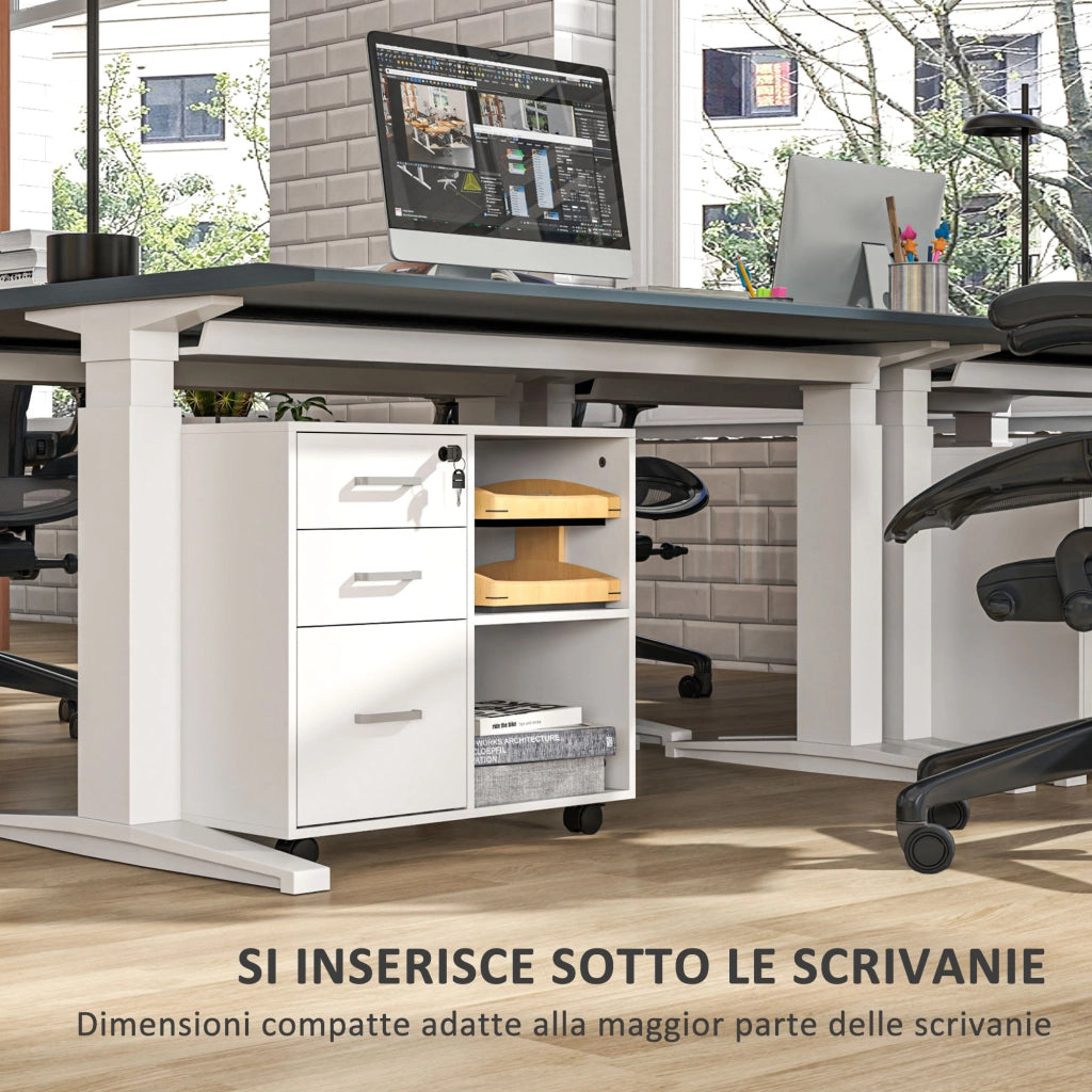 Cassettiera da Ufficio con 3 Cassetti, Ruote e Serratura ¨C Zephmum ¨C Bianco 60x40x56 cm
